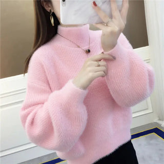 Winter Women Solid Color Lantern Sleeves Loose Knitted High Neck Sweater