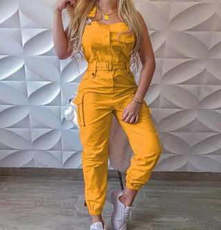 Women Casual Cargo Playsuit Sleeveless O Neck Jumpsuit With Pocket and Belt Elegant Pencil Pants Overalls Sexy Solid  Jumpsuit