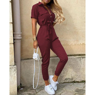 Colorful Straight Casual Lapel Button Print Belt Short Sleeve Workwear Jumpsuit