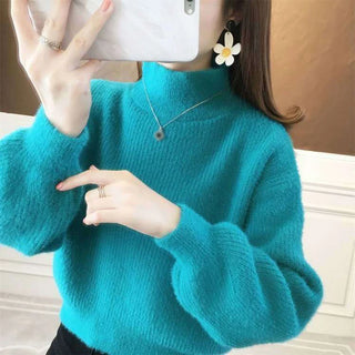 Winter Women Solid Color Lantern Sleeves Loose Knitted High Neck Sweater