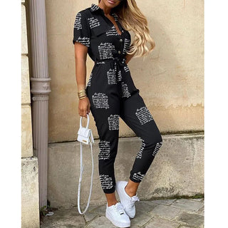 Colorful Straight Casual Lapel Button Print Belt Short Sleeve Workwear Jumpsuit