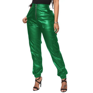 New Autumn And Winter Casual Stylish Multiple Pockets Cargo Pu Leather  Leather Pants Women