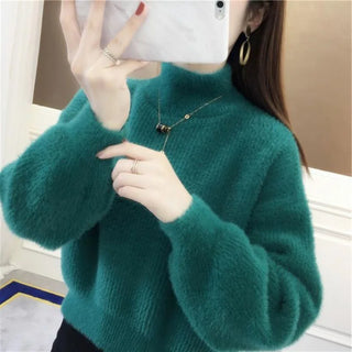 Winter Women Solid Color Lantern Sleeves Loose Knitted High Neck Sweater