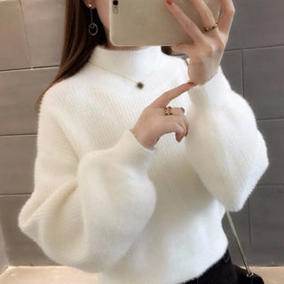 Winter Women Solid Color Lantern Sleeves Loose Knitted High Neck Sweater