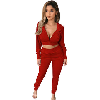 Elastic Waist Skinny Zipper Two Pieces Women Clothing Sweat Suit Set Women Crop Top Pants Set