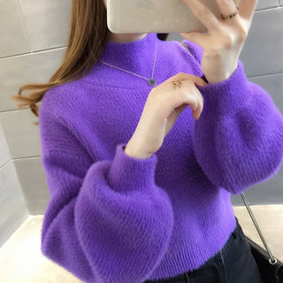 Winter Women Solid Color Lantern Sleeves Loose Knitted High Neck Sweater