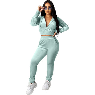 Elastic Waist Skinny Zipper Two Pieces Women Clothing Sweat Suit Set Women Crop Top Pants Set