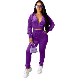 Elastic Waist Skinny Zipper Two Pieces Women Clothing Sweat Suit Set Women Crop Top Pants Set