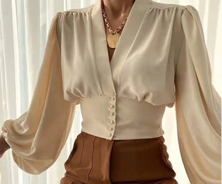 New Ladies Office Blouse Button V-neck Lantern Sleeve Pleated Slim Elegant Plus Size Women's Blouses Shirts
