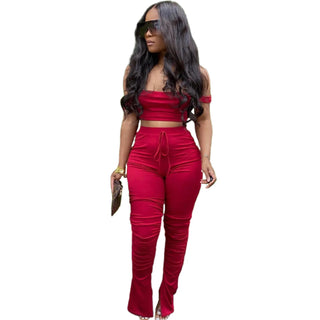 Fall fashion suit sexy off-shoulder crop top lace-up stacked trousers two-piece set