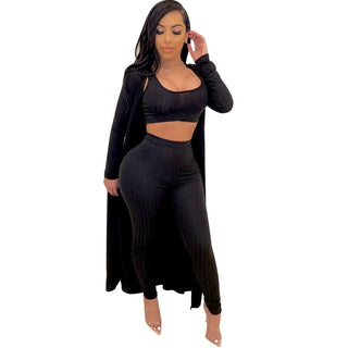 Women's 3Piece Crop Tops Bustier Outfits legging Sets Bodycon Nightclub Fitness Ribbed Jumpsuit cardigan Coat