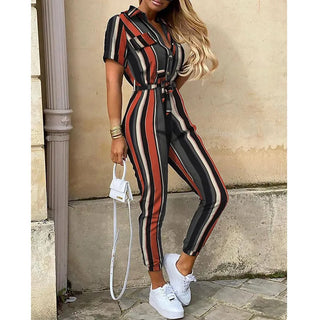 Colorful Straight Casual Lapel Button Print Belt Short Sleeve Workwear Jumpsuit