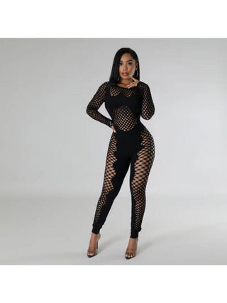 Hollow Out Perspective Fitted Jumpsuits - Thomas Family Essentials LLC