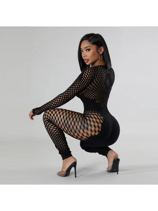 Hollow Out Perspective Fitted Jumpsuits - Thomas Family Essentials LLC