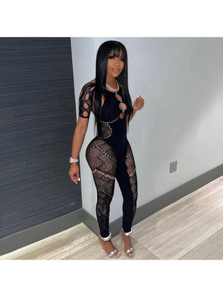 Hollow Out See Through Fitted Jumpsuits - Thomas Family Essentials LLC