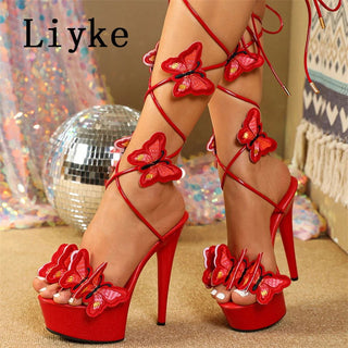 Liyke 2024 New Pink Yellow Cross Strap Platform Sandals Women Handmade Embroidery Butterfly Open Toe Elegant High Heels Shoes - Thomas Family Essentials LLC