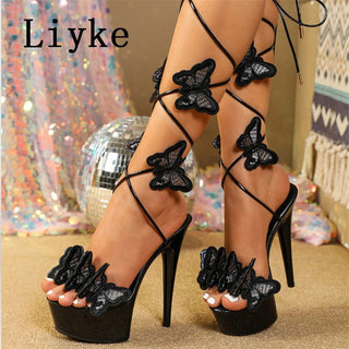 Liyke 2024 New Pink Yellow Cross Strap Platform Sandals Women Handmade Embroidery Butterfly Open Toe Elegant High Heels Shoes - Thomas Family Essentials LLC