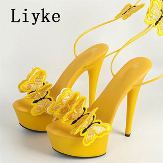 Liyke 2024 New Pink Yellow Cross Strap Platform Sandals Women Handmade Embroidery Butterfly Open Toe Elegant High Heels Shoes - Thomas Family Essentials LLC
