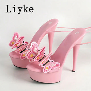 Liyke 2024 New Pink Yellow Cross Strap Platform Sandals Women Handmade Embroidery Butterfly Open Toe Elegant High Heels Shoes - Thomas Family Essentials LLC