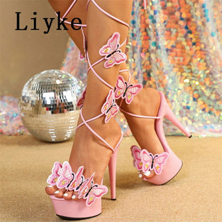 Liyke 2024 New Pink Yellow Cross Strap Platform Sandals Women Handmade Embroidery Butterfly Open Toe Elegant High Heels Shoes - Thomas Family Essentials LLC