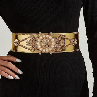 New Ladies Pearl Fashionable Golden Wide Waist Seal Dress Decoration Waist Elastic Belts for Women Luxury Designer Brand - Thomas Family Essentials LLC