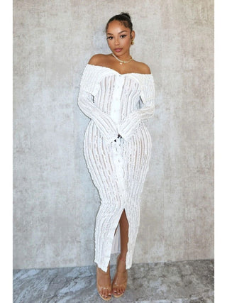 Off Shoulder Wave See Through Lapel Maxi Dress - Thomas Family Essentials LLC