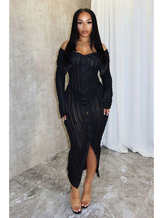 Off Shoulder Wave See Through Lapel Maxi Dress - Thomas Family Essentials LLC