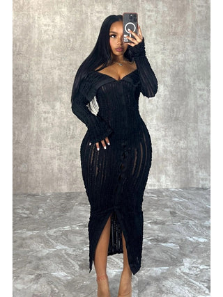 Off Shoulder Wave See Through Lapel Maxi Dress - Thomas Family Essentials LLC