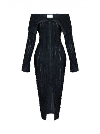 Off Shoulder Wave See Through Lapel Maxi Dress - Thomas Family Essentials LLC