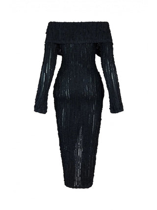 Off Shoulder Wave See Through Lapel Maxi Dress - Thomas Family Essentials LLC