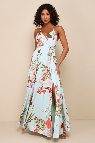 Women V Neck Suspender Printed Backless Slit Casual Holidays Beach Maxi Dress