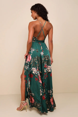 Women V Neck Suspender Printed Backless Slit Casual Holidays Beach Maxi Dress