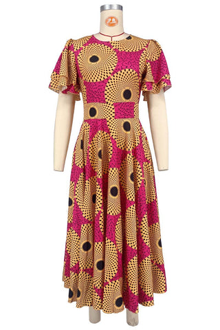 Women African Round Neck double-layer ruffle short-sleeved printed dress