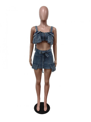 Tie-wrap Cargo Sleeveless Denim Skirt Sets