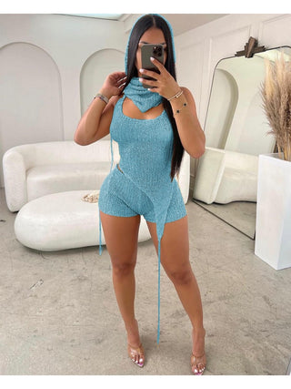 Hollow Out Halter Backless Shorts 3 Piece Sets