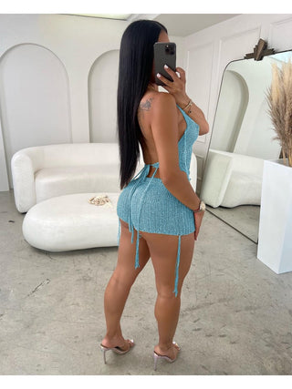 Hollow Out Halter Backless Shorts 3 Piece Sets