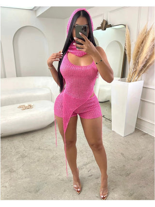 Hollow Out Halter Backless Shorts 3 Piece Sets
