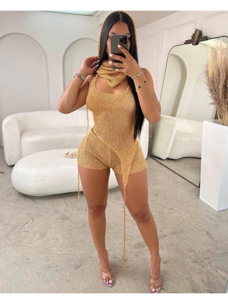 Hollow Out Halter Backless Shorts 3 Piece Sets