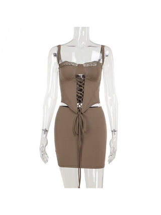 Patchwork Spaghetti Straps Backless Skirt Sets