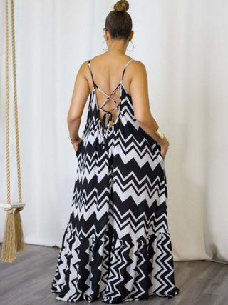 Striped V Neck Backless Lace-Up Maxi Dress