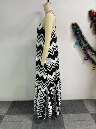 Striped V Neck Backless Lace-Up Maxi Dress