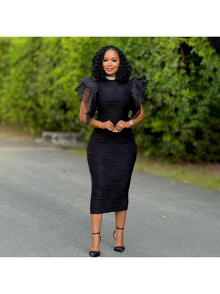 Patchwork Ruffle Frill Sleeve Midi Dress