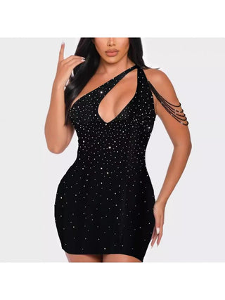 Hollow Out Beading One-shoulder Mini Dress