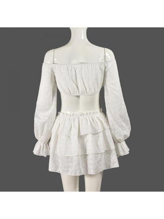 Cherry Hollow-out Off Shoulder Cropped Skirt Sets