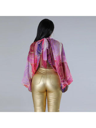 Print Batwing Sleeve Chiffon Design Tops