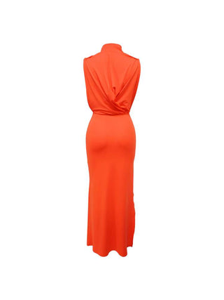Solid Color Ruched Split Hem Sleeveless Maxi Dress