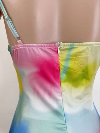 Colorblock Hollow-out Ruffle Split Hem Slip Dress