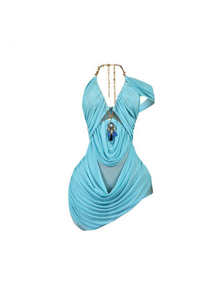 Halter Chain Ruched Irregular Mini Dress