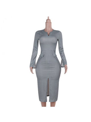 Striped Split Hem V Neck Long Sleeve Midi Dress