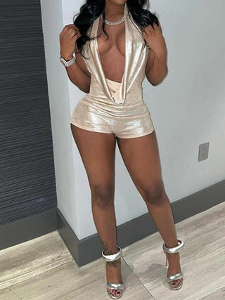 Metallic Ruched Deep V Neck Backless Rompers